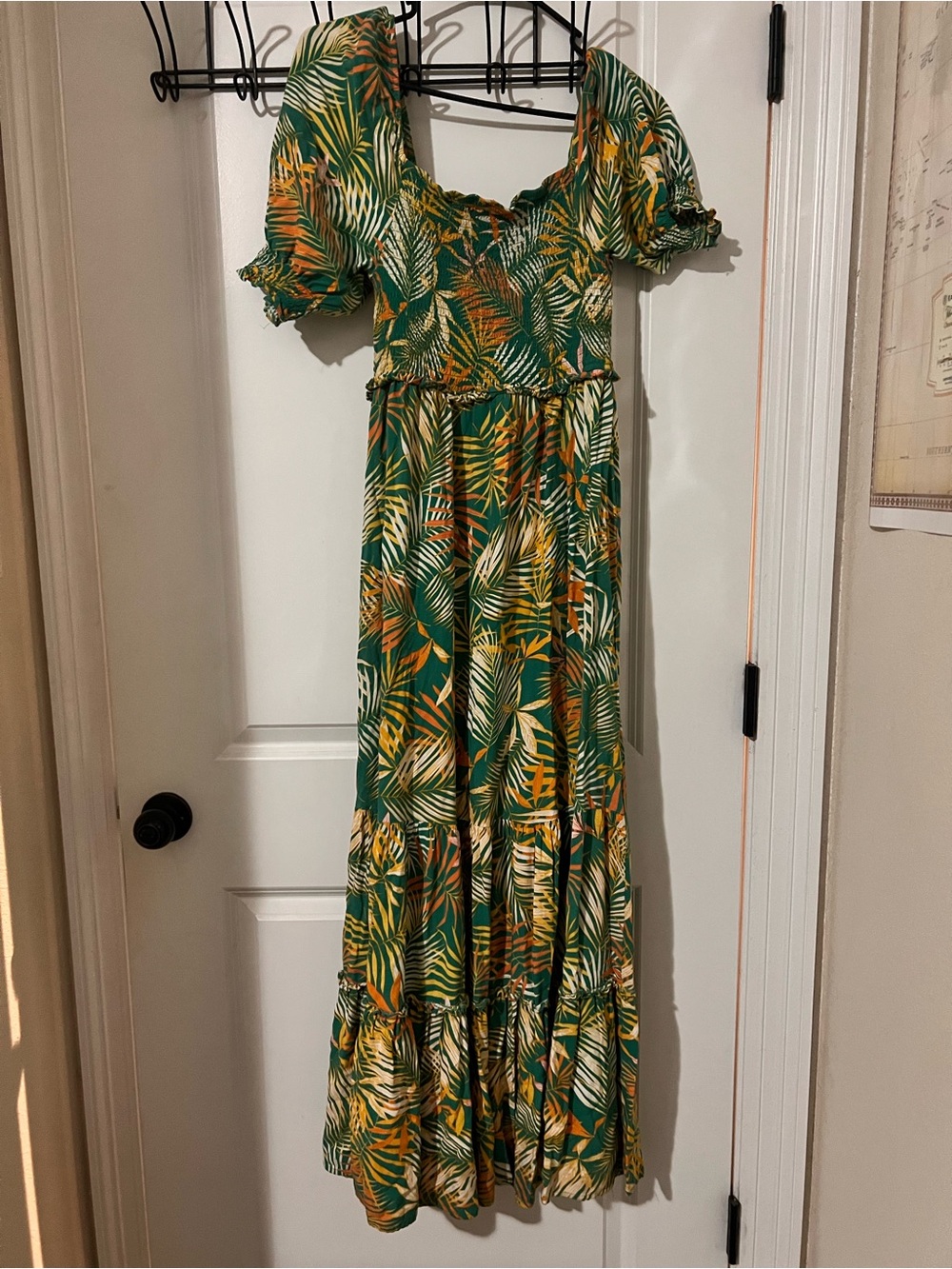 Betsey Johnson Green Tropical Print Maxi Dress with Puff Sleeves